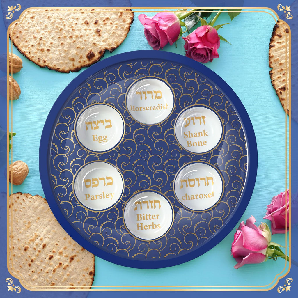 Passover Ceramic Elegant Seder Plate 12 Inch Passover Plate Round Renaissance Design with Gift Box for Adults Divided