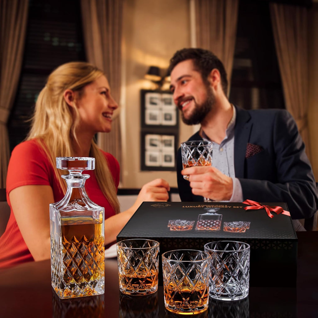 Whiskey Decanter Set, Italian Crystal Decanter with 4 Whiskey Glasses in Gift Box - Bourbon Decanter for Scotch - Set of 5
