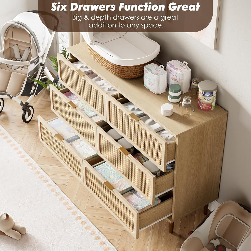 Rattan 6 Drawer Dresser , Large Double Dresser with Deep Drawers, Wooden Chest of Drawers for Closet with Wide Top