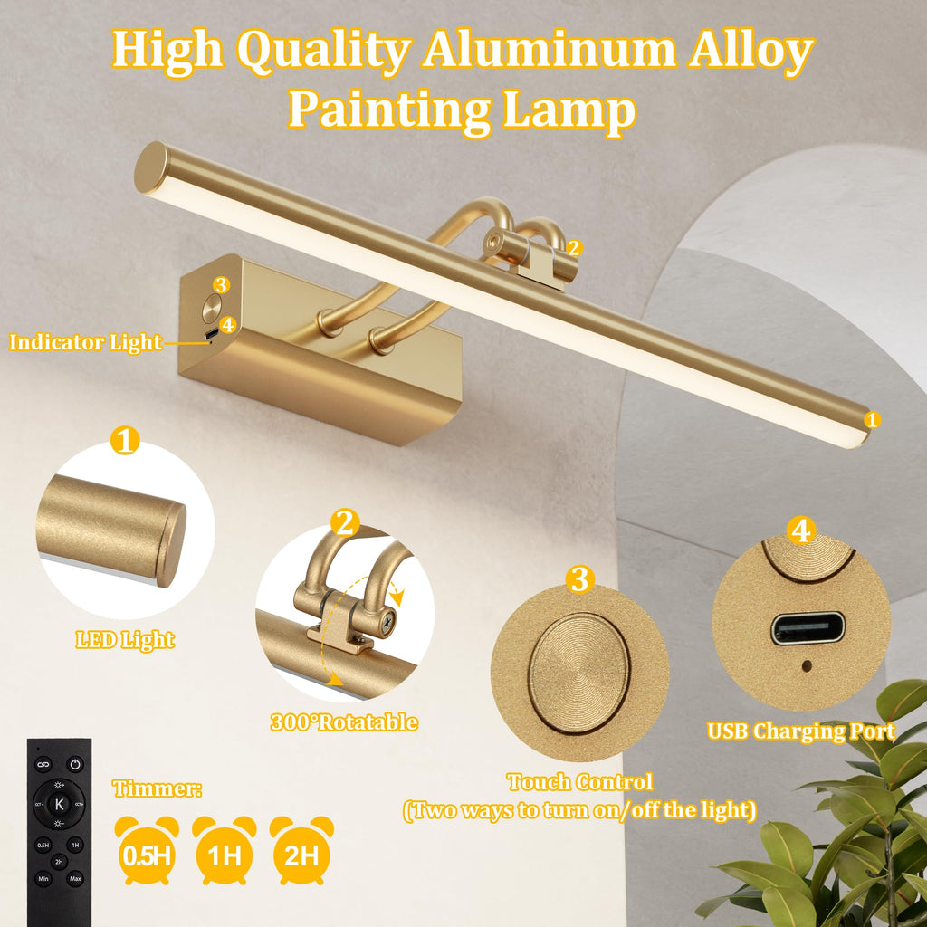 Picture Light for Wall, Gold, RF Remote, USB Charging