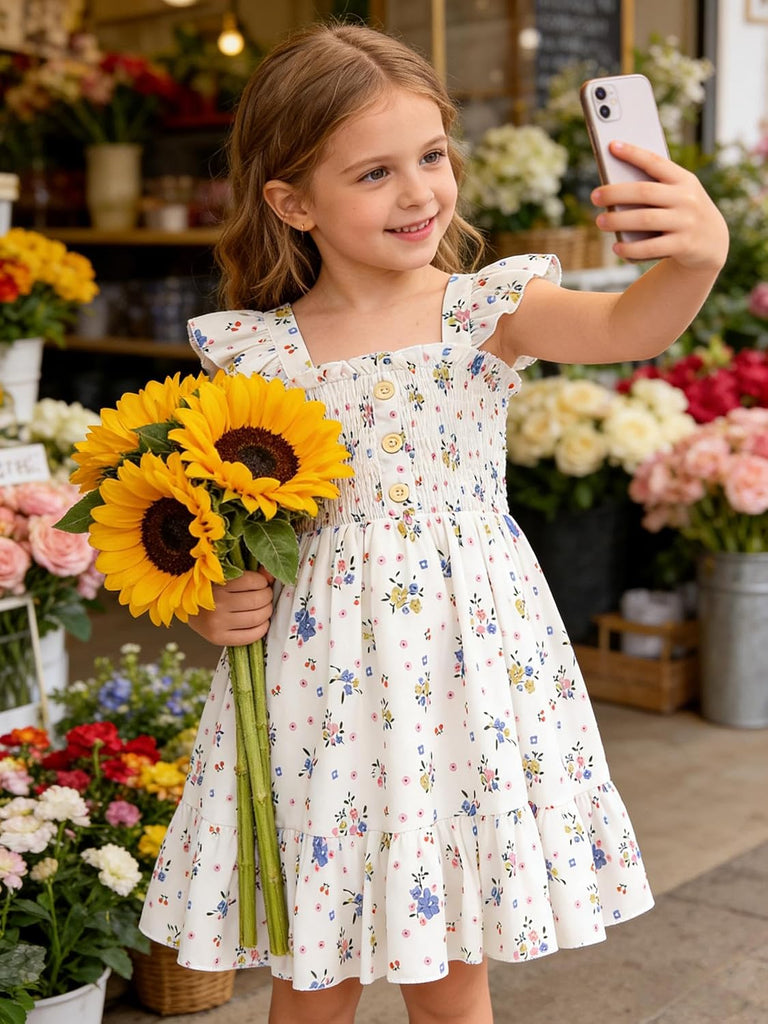 Toddler Girl Floral Smocked Dress, Sleeveless Chiffon A-Line Sundress for Summer Beach Party
