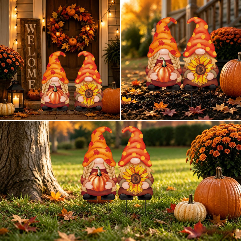 2Pcs Metal Gnomes Decorative Garden Stakes Pumpkin Sunflower Fall Thanksgiving Yard Signs Outdoor Decorations for