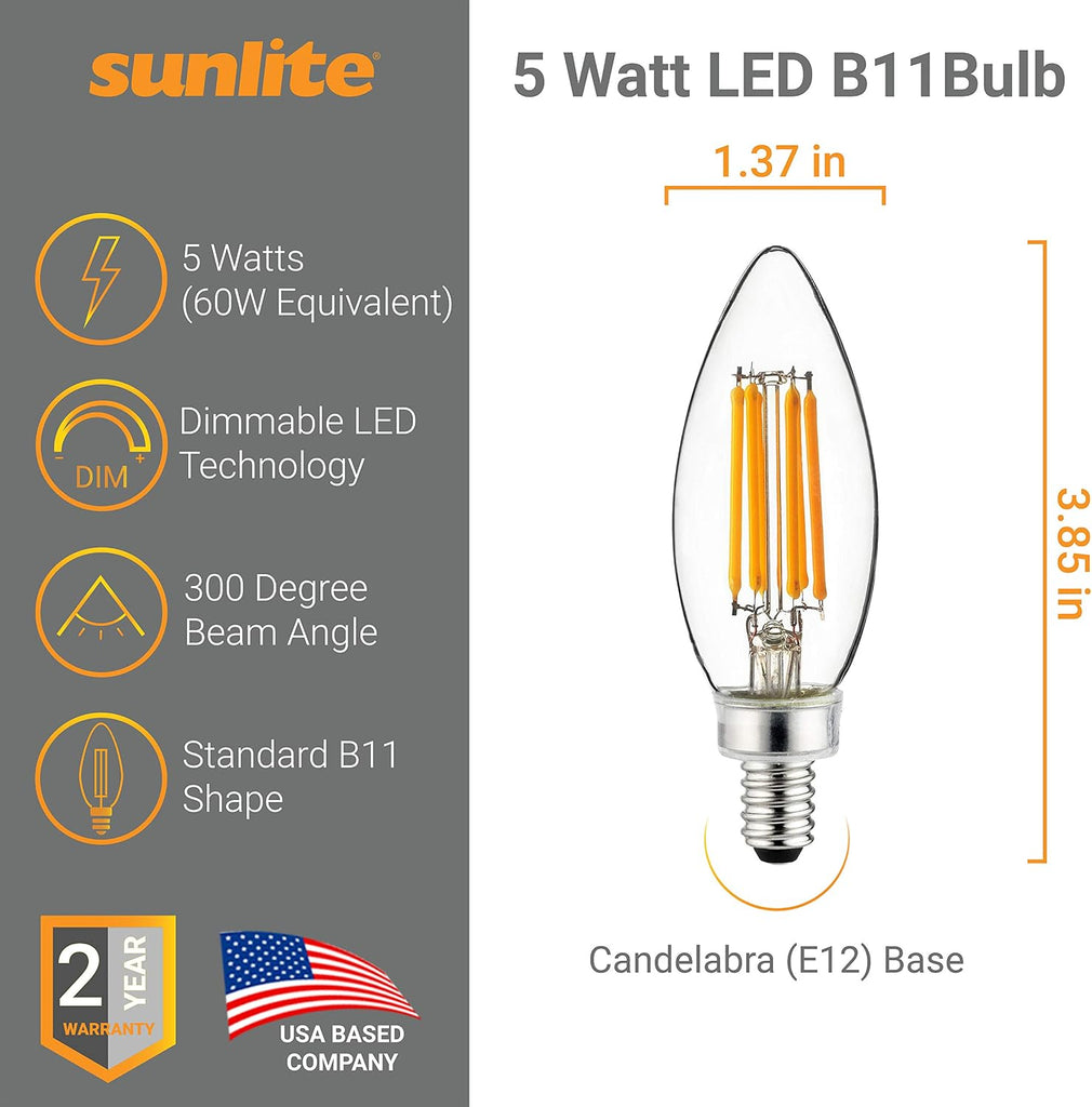 LED B11 Filament Style Chandelier Light Bulb Torpedo Tip 5 Watts (60 W Equivalent) Dimmable, 600 Lumens, Candelabra