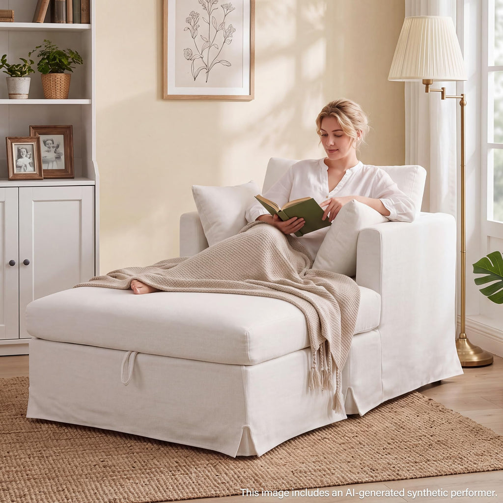 Coastal Accent Armchair with Storage Ottoman, 40.2", Chenille, Beige