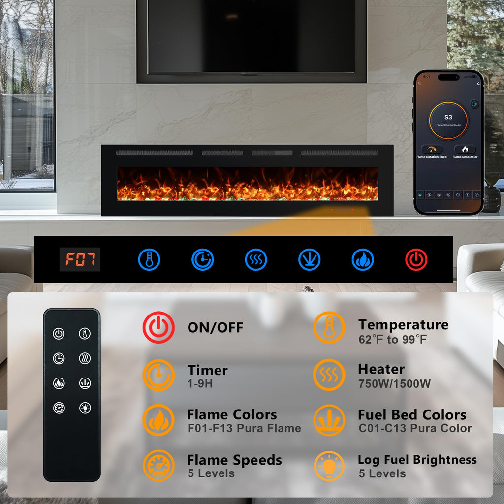 OxharkFlame 72in Smart WiFi Electric Fireplace Insert Wall Mounted Recessed