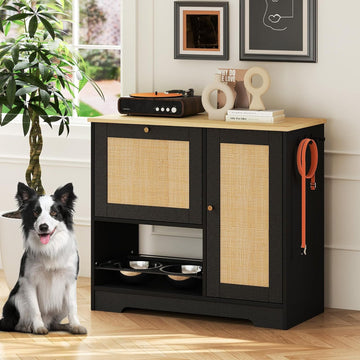 Dog Feeding Station with with 2 Elevated Dog Bowls, Dog Food Storage Cabinet with with Storage and Hooks, Hidden Pet