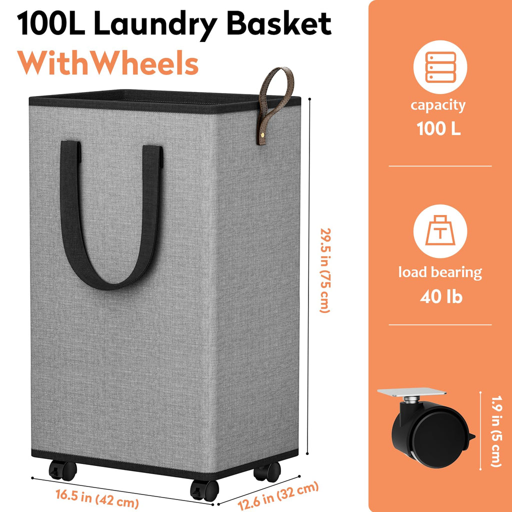 Rolling Laundry Basket with Wheels, Laundry Hamper, 100L, Grey