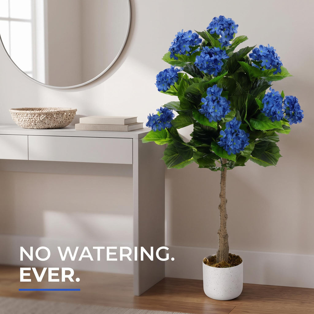 Artificial Hydrangea Tree, 3.1 FT Faux Hydrangea Plant in Pot with 9 Lifelike Blue Flowers, Fake Potted Flower Trees
