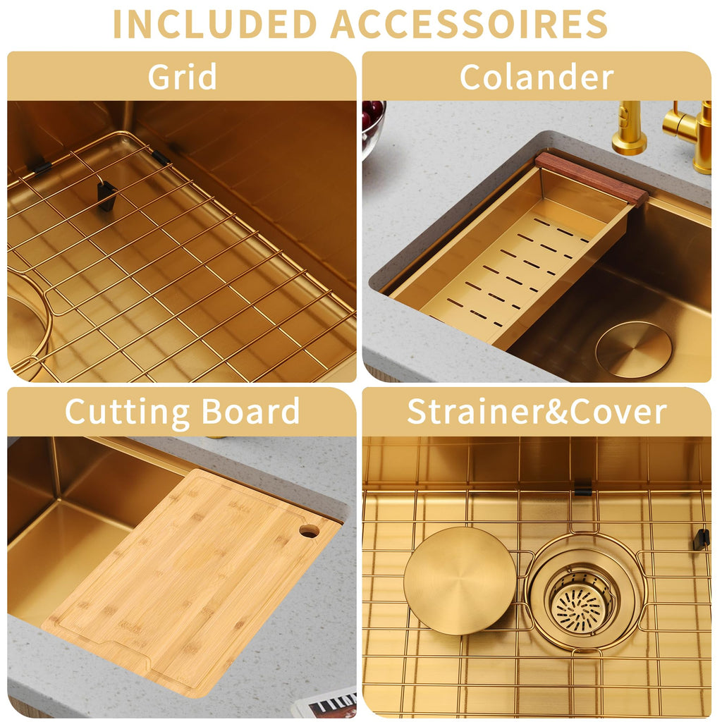 23 Inch Workstation Gold Kitchen Sink, 16 Gauge Undermount Sink