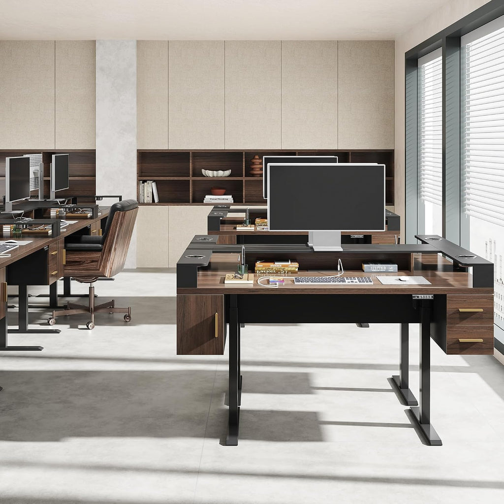 61'' Electric Standing Desk with Drawers, Dual Cup Holders | Height Adjustable Desk, Built-in Power Outlet & USB