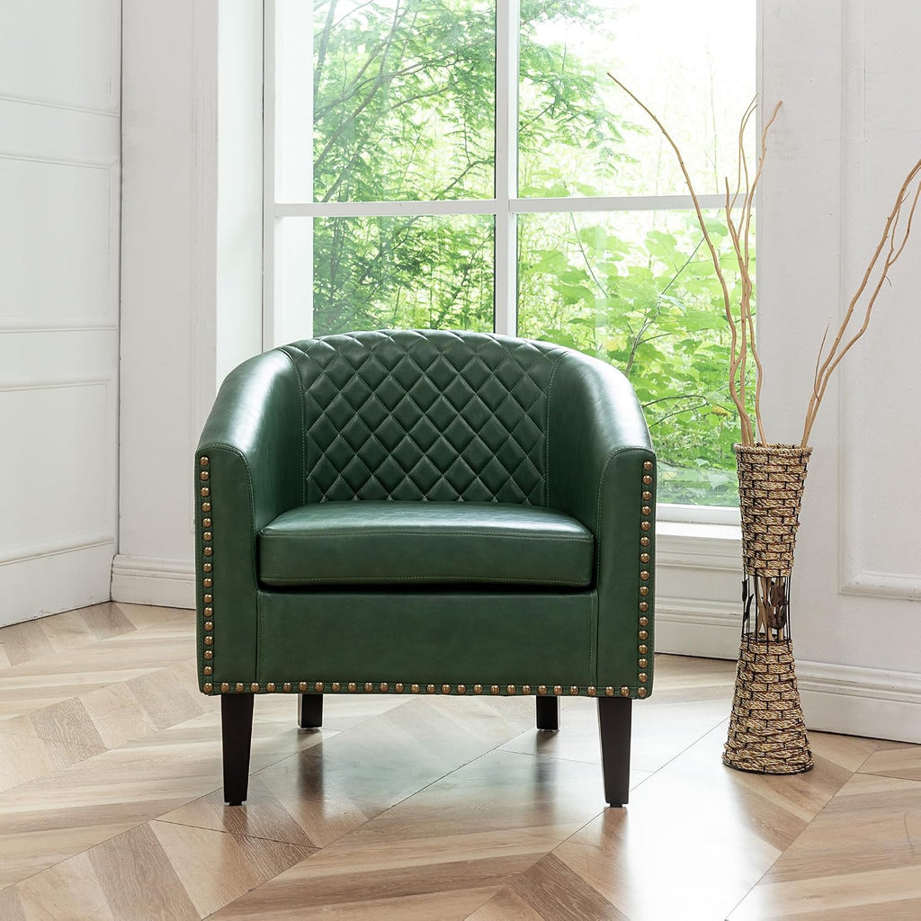 29" W Faux Leather Barrel Chair PU Tufted Accent Club Chair, Green