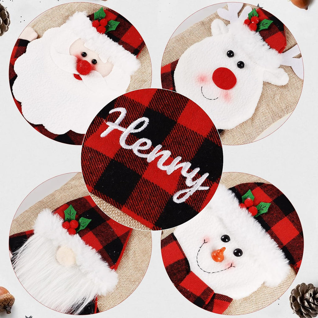 18.5'' Embroidery Christmas Stockings with Names, Burlap Plaid Stockings Xmas Decor Gifts for Family Kids Holiday
