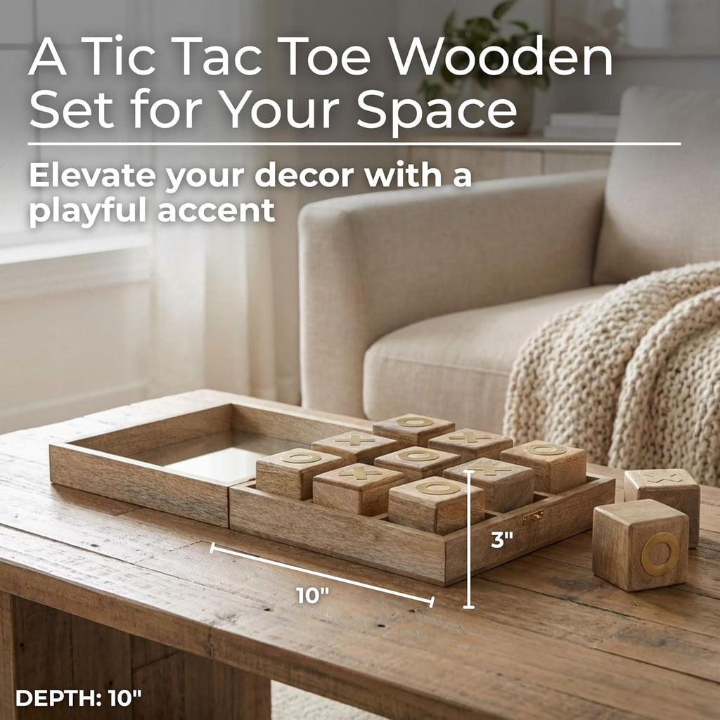 Tic Tac Toe Game Set - Handmade Wooden Board Game with Brass Inlay - Mango Wood & Glass - Casual Home Decor - Classic