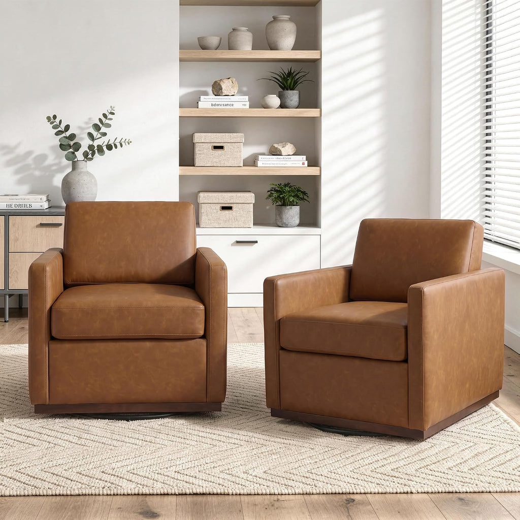 Faux Leather Swivel Accent Chairs,Upholstered Club Armchairs,Brown - Set of 2