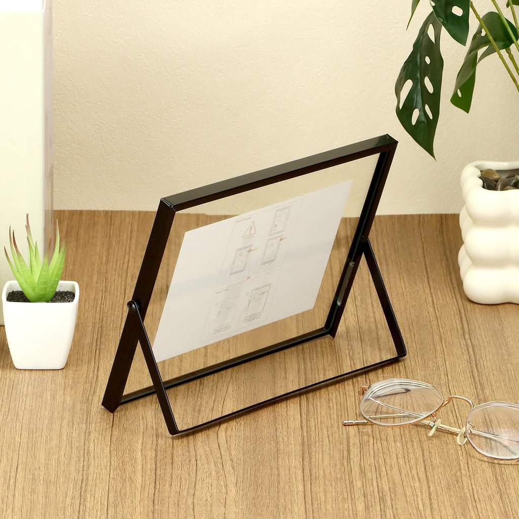 6x8 Inch Black Floating Picture Frame Horizontal, Fits 5x7 4x6 3x5 Photos, Glass Double Panel Metal Frame for