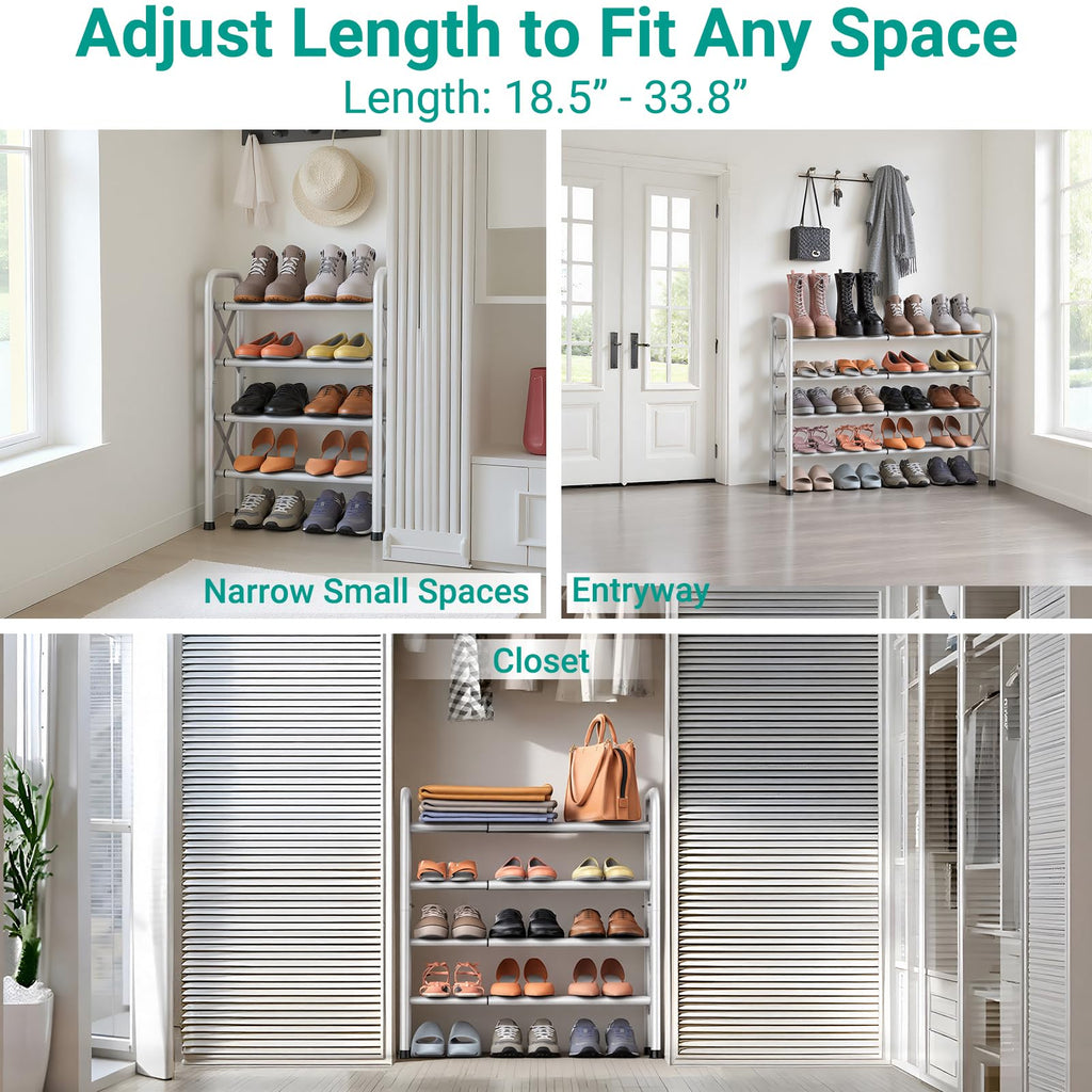 4-Tier Expandable Shoe Rack for Closet Floor, X-Frame - White