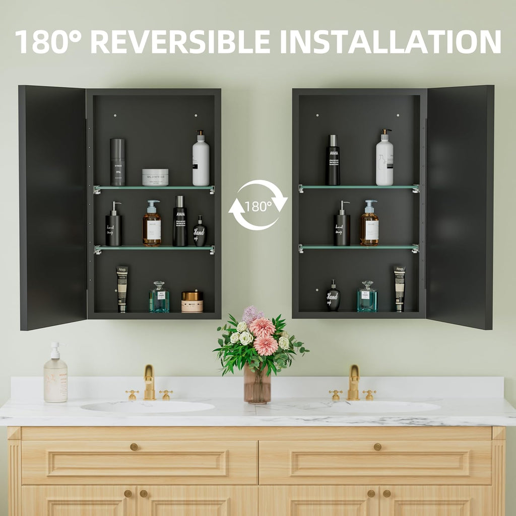 14 x 24 Inch Framed Medicine Cabinet Mirror , Black | Recessed or Wall Mount, Fits 13-3/8 x 22-13/16 Inch Rough