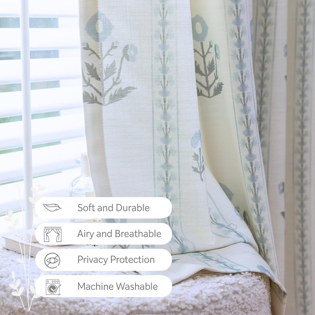Linen Blend Pinch Pleated Curtains 96 Inches Long , Light Filtering Curtains 2 Panels Set, Modern Floral Printed