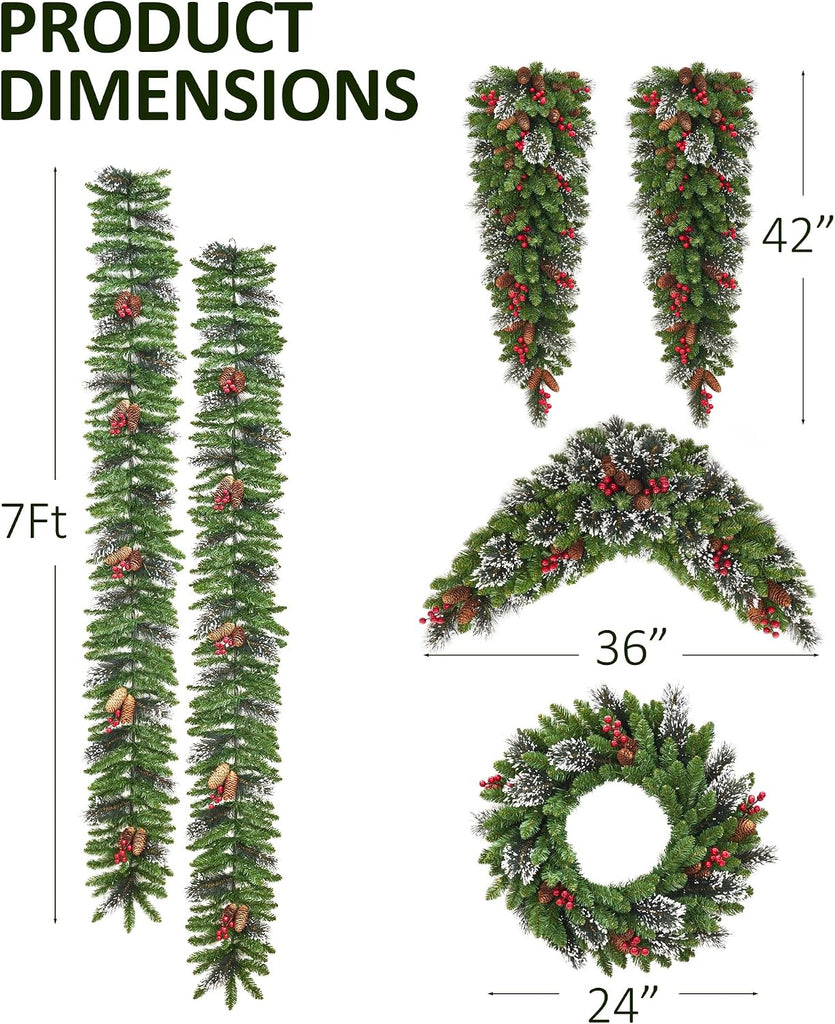 Pre-Lit LED Artificial Christmas Garlands Set of 6-2 Pcs Long Garlands, 2 Pcs Teardrop Decorations, 1 Round Wreath &
