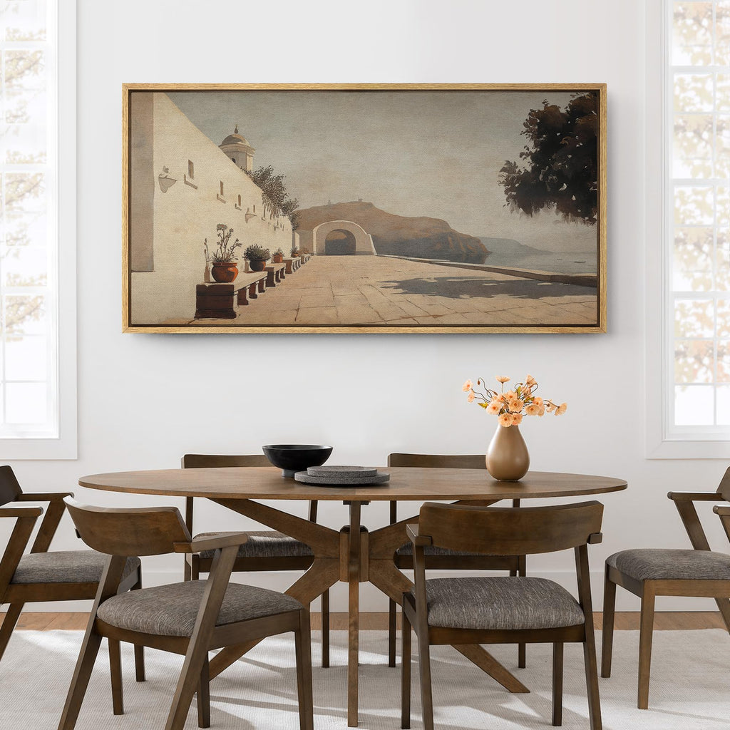Extra Large Framed Canvas Print Wall Art Seaside Courtyard with Potted Plants and Ocean View Illustrations Modern Art
