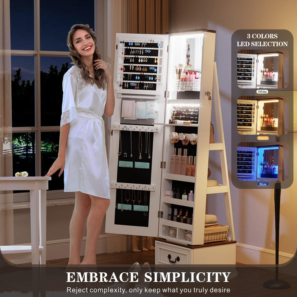 Jewelry Cabinet with Full Length Mirror, Lockable, Swivel, White