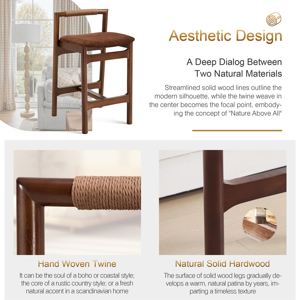 Wood Counter Stools with Woven Paper Cord Accent Back, Set of 4