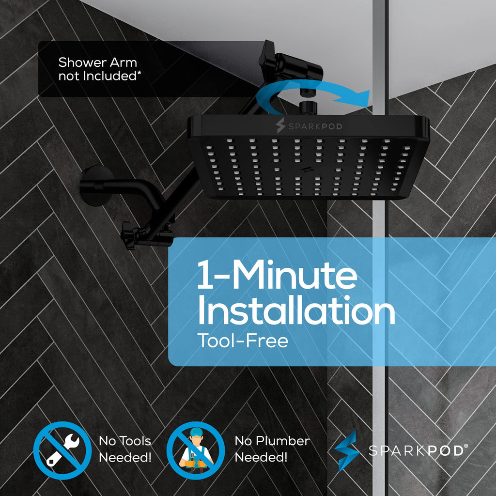 Rain Shower Head, 8 Inch Square, Midnight Black Matte Finish