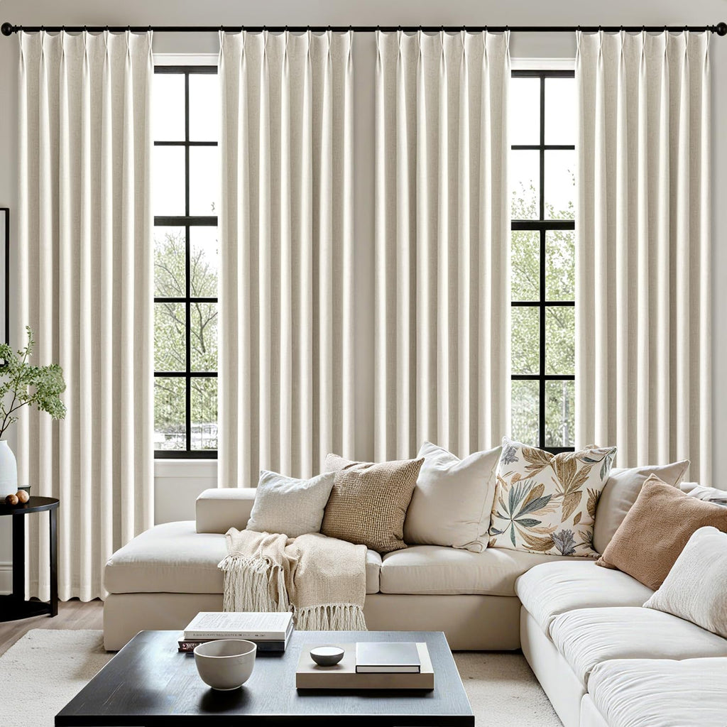 Natural Pinch Pleated 100% Blackout Linen Curtains, Room Darkening Light Blocking Window Curtains 84 inches Long
