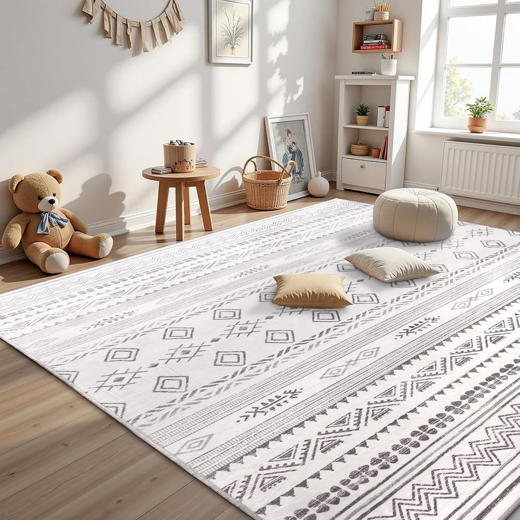Boho Area Rug, Grey Washable Rugs with Non Slip Backing, Soft Geomtric Stain Resistant Moroccan Carpet Floor