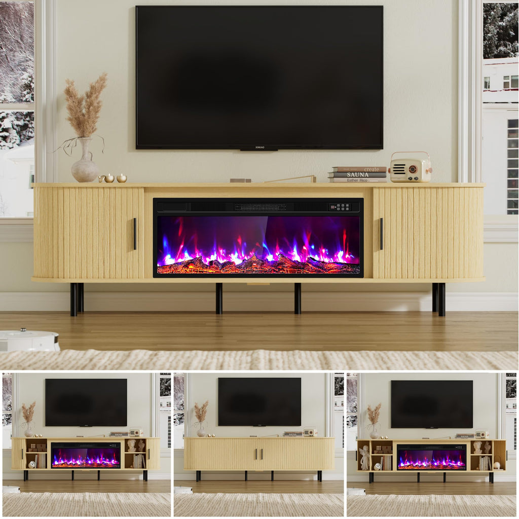 Fluted TV Stand with Fireplace, Modern Entertainment Center for TVs Up to 95 inch, Wood Media Console w/Sliding Door
