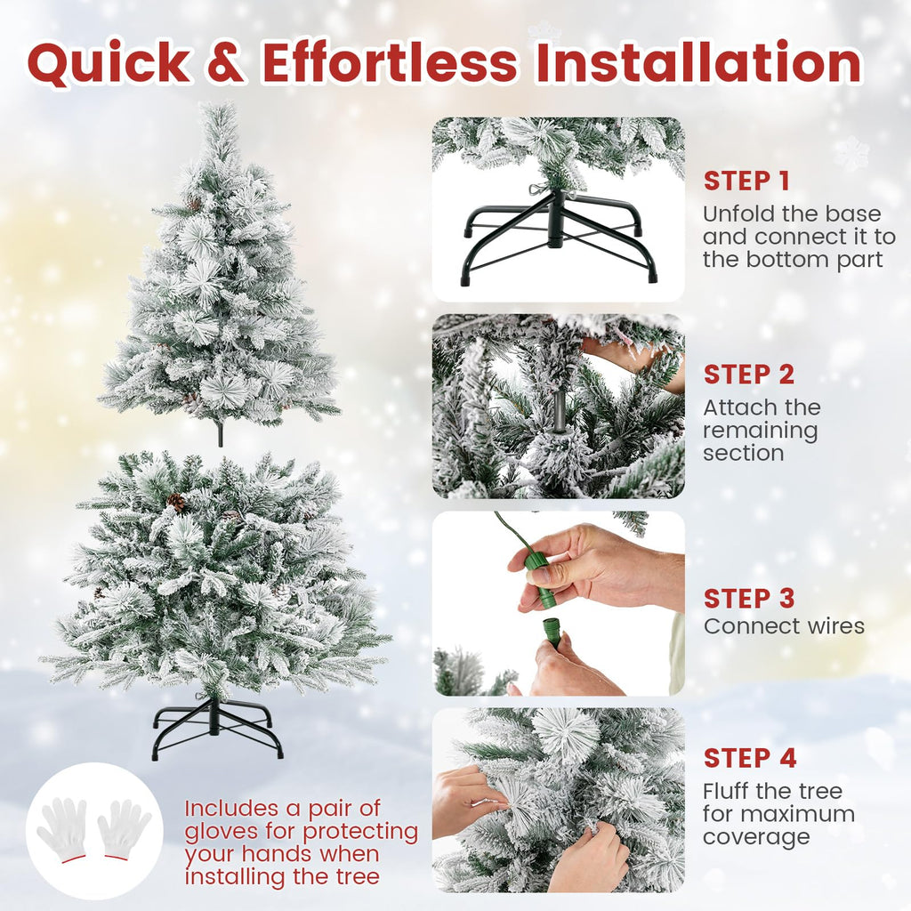 4.5ft Pre-Lit Snow Flocked Christmas Tree, Artificial Hinged Xmas Tree with 160 Multi-Color LED Lights, 8 Lighting
