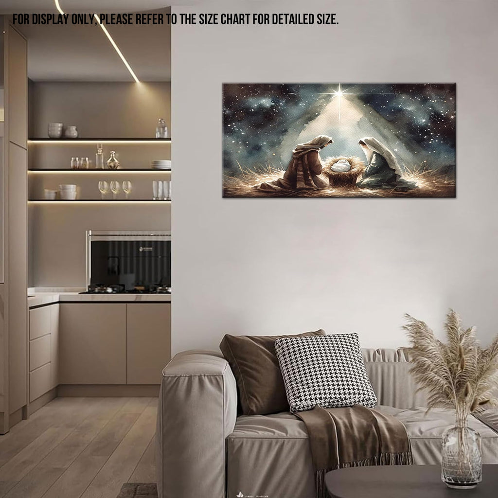Large Jesus Nativity Canvas Wall Art, Spiritual Christian Religious Canvas Prints, Starry Night Faith Wall Decor