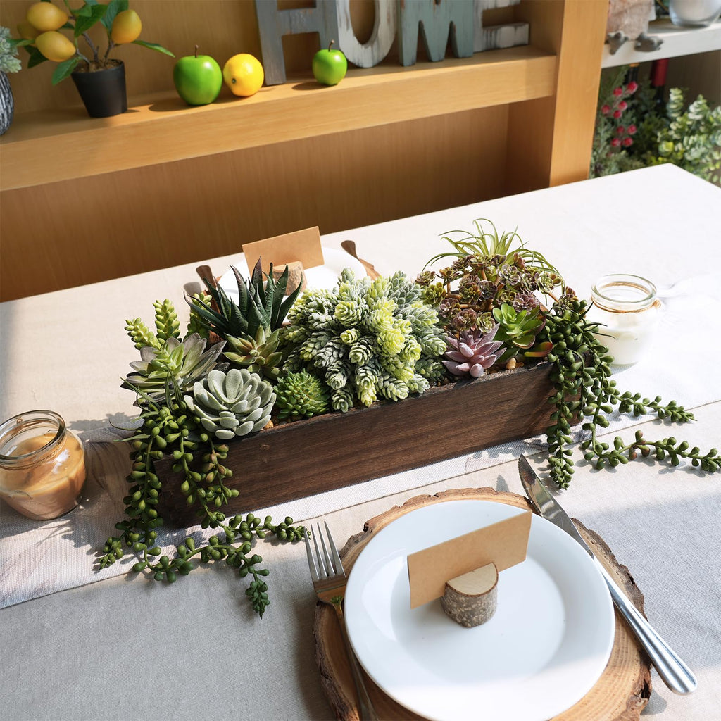 Artificial Succulent Arrangement 15" Assorted Succulents Plants in Brown Rectangular Wooden Box Faux Potted