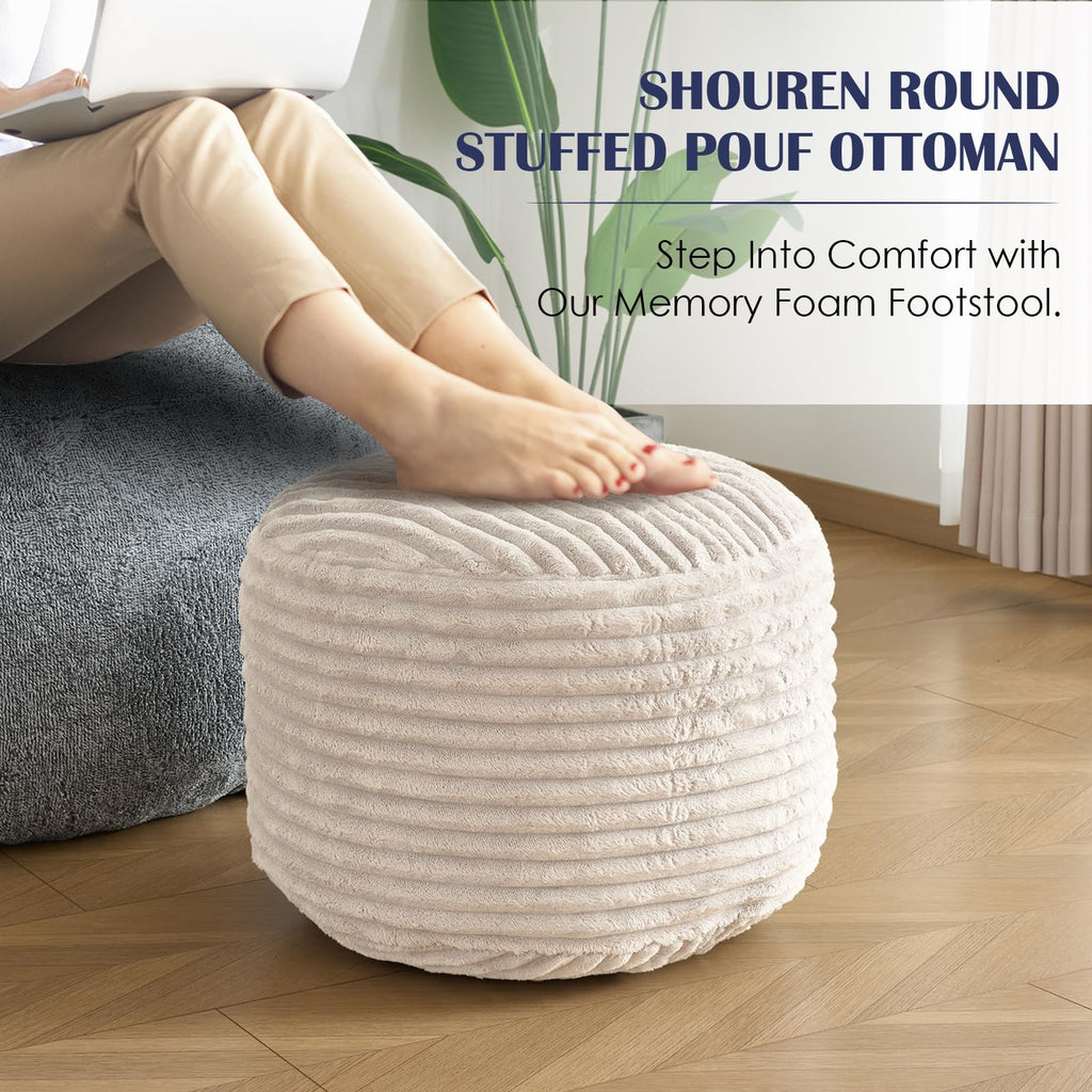 Stuffed Round Ottoman, Pouf Ottoman Foot Rest, 20 X 15, Beige