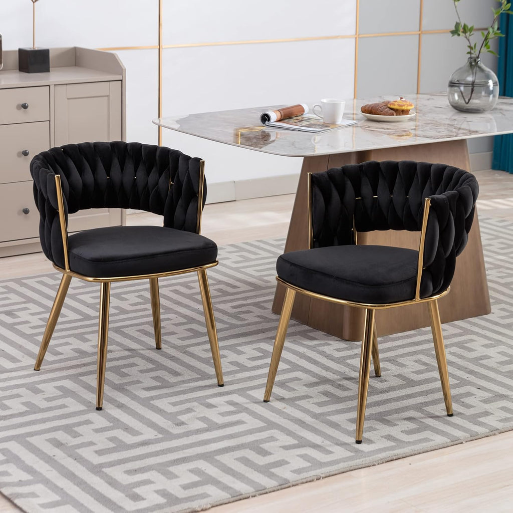 Velvet Dining Chairs Set of 2, Gold Modern Dining Chair with Metal Legs, Woven Upholstered Dining Chairs for Dining