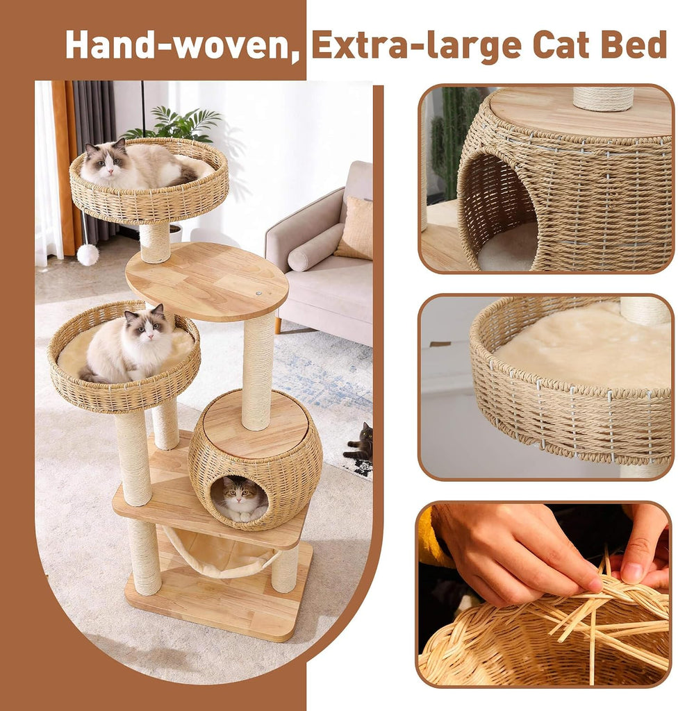 Wooden Cat Tree for Large Indoor Cats, 55in Modern Tall Cat Tower