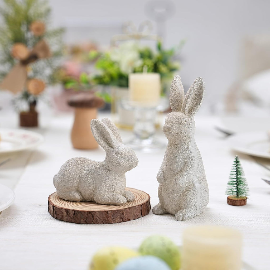 Easter Bunny Figurines, Resin Rabbit Figurines, Beige Bunny Statues for Rustic Easter Decorations - Set of 2