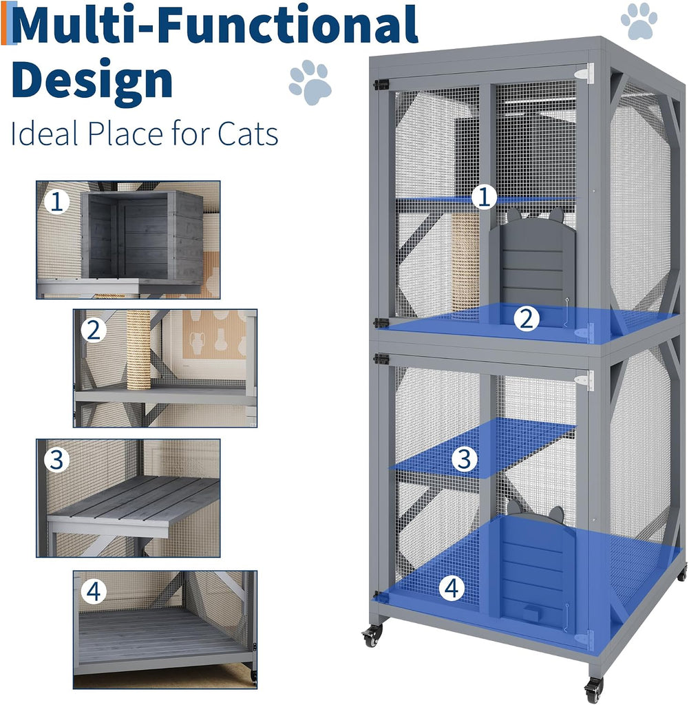 Outdoor Rolling Catio Cat Enclosure, 4-Tier Wooden Cat Cage