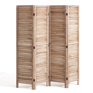 Wood Room Divider, 4 Panel Wood Folding Privacy Screen, 66.9 Inches Tall Indoor Louvered Wooden Partition, Portable