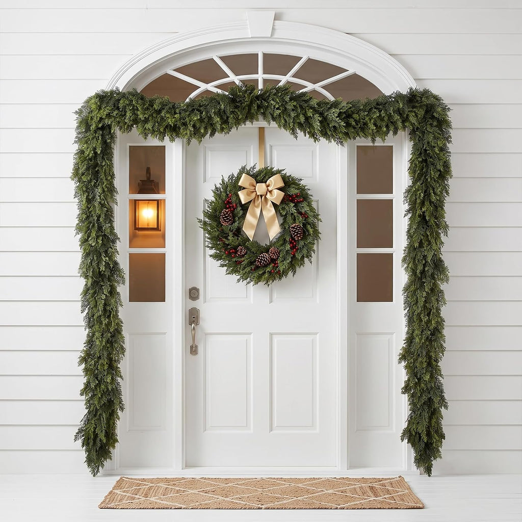 9FT Artificial Cedar Garlands, Real Touch Soft Cedar Pine Garland, Winter Artificial Greenery Garland for Fireplace
