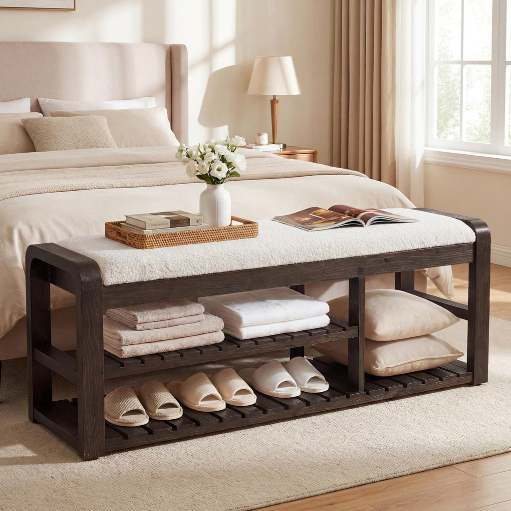 55" Shoe Storage Bench with Removable Cushion, 2-Tier Farmhouse Solid Wood Entryway Shoe Rack, End of Bed Storage