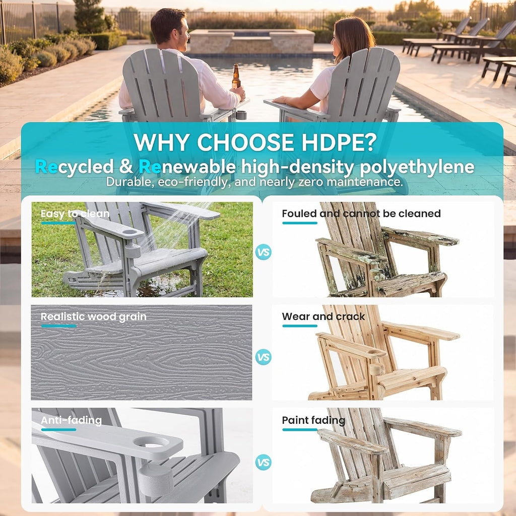 Adirondack Chair Set of 2, Screw-Free HDPE Oversized Outdoor Adirondack Chairs with Cup Holder, Wood Grain Finish