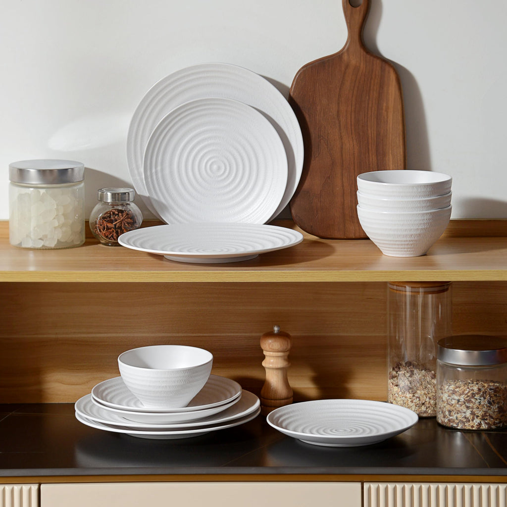 Melamine Dinnerware Sets for 4, 12PCs Anti-scratch Dishes Set, Classic White