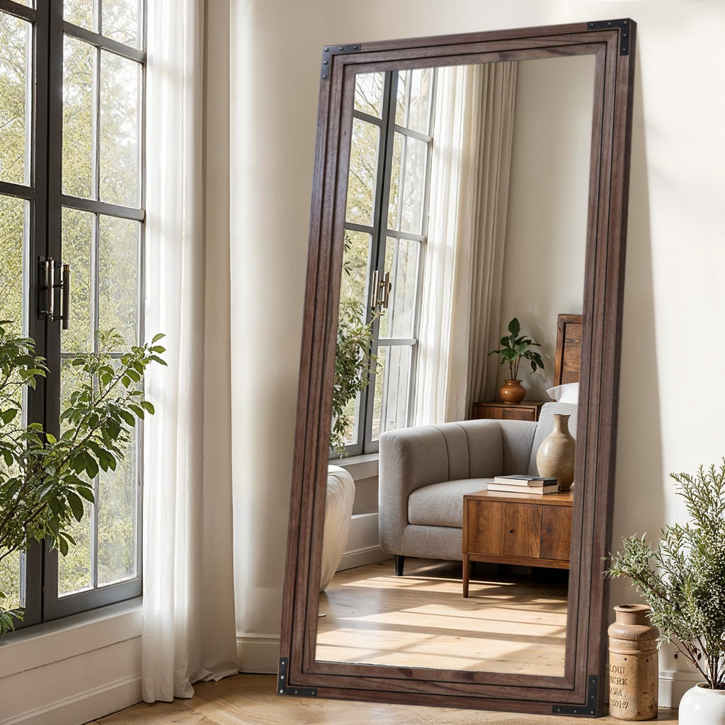 Full Length Mirror 76"x34", Solid Wood Frame Standing Mirror, Brown