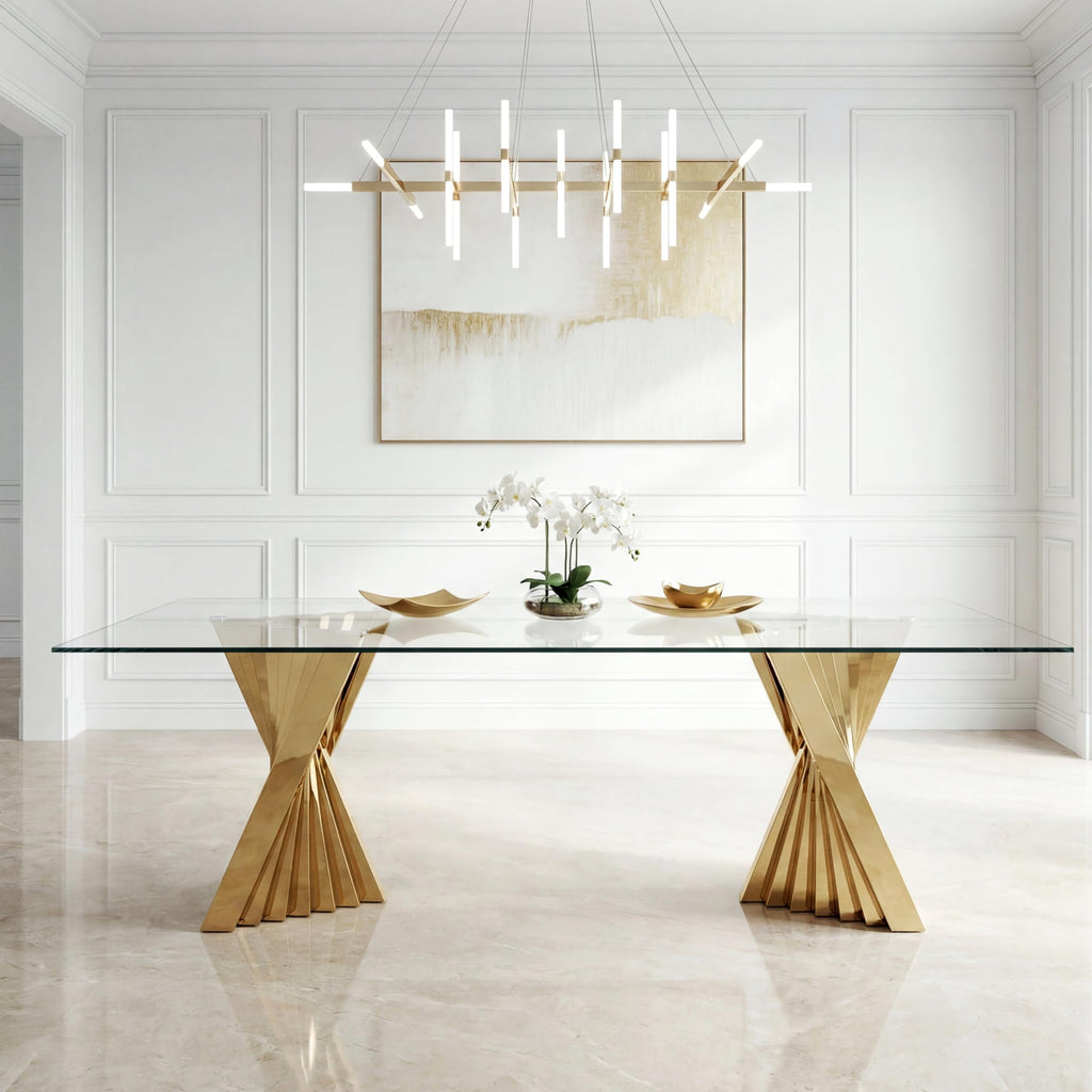 94" Modern Glass Gold Dining Table for 8-10, Luxury Kitchen Table with Tempered Glass Top & Mirror Finish Stainless