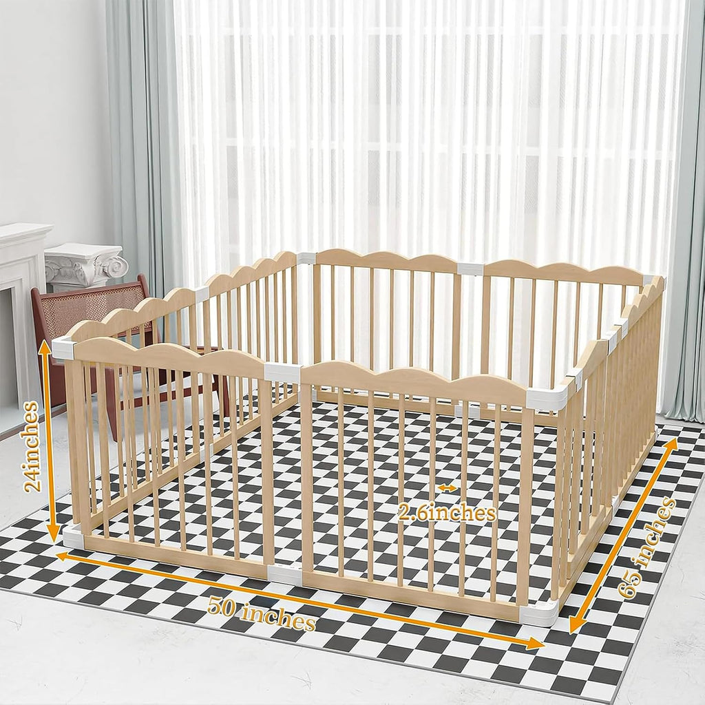 Wooden Baby Playpen 50x65x24In Adjustable Play Yard with Lock Gate | Easy to Assemble, Large Portable Play Pen for
