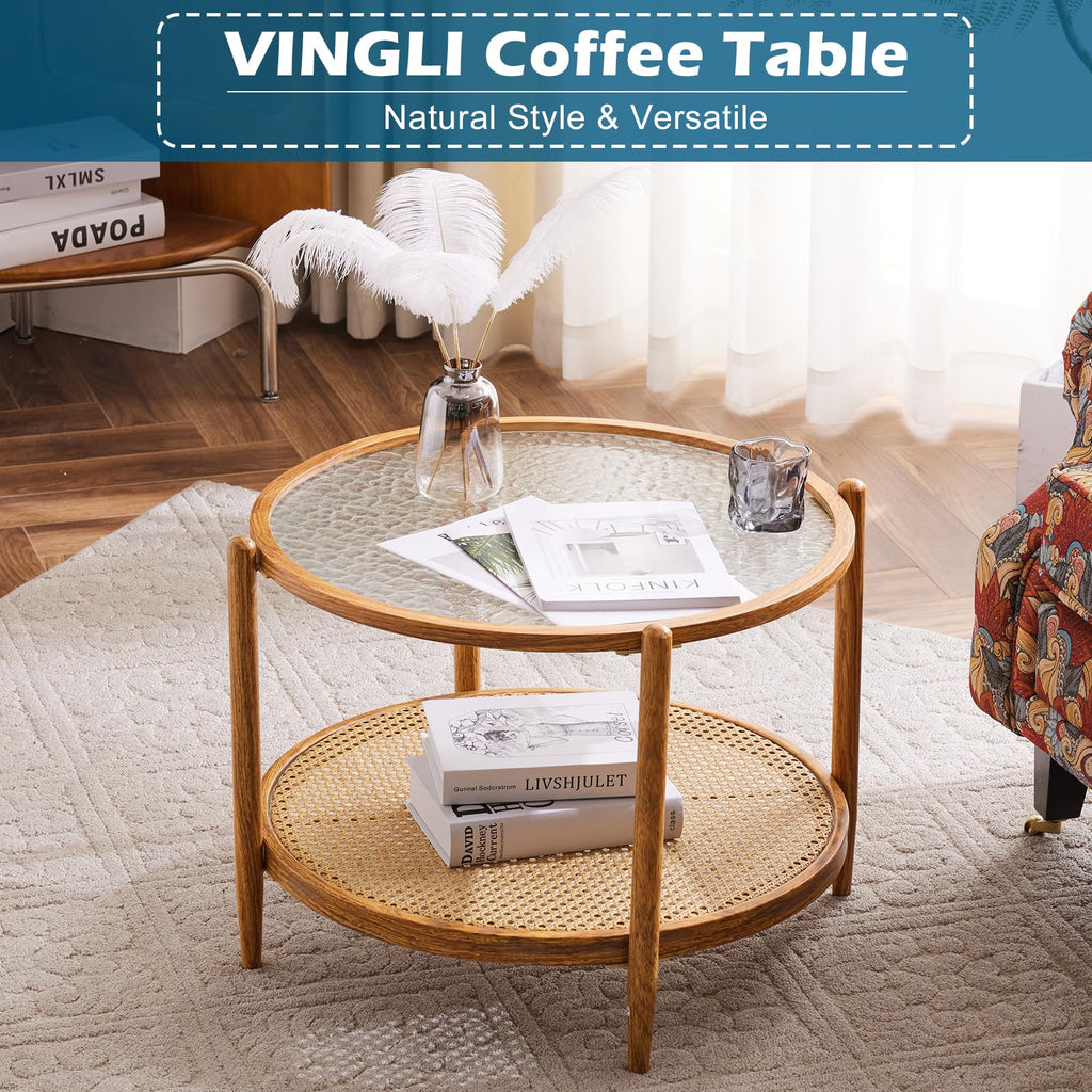25.6" Round Glass Coffee Table, Rattan Coffee Table, Natural Vibe