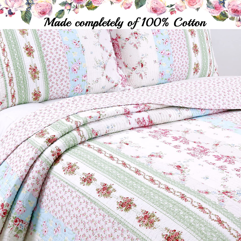 100% Cotton Real Patchwork Pink Floral Cottage Shabby Chic Reversible Quilt Bedding Set, Bedspread, Coverlet (Wild