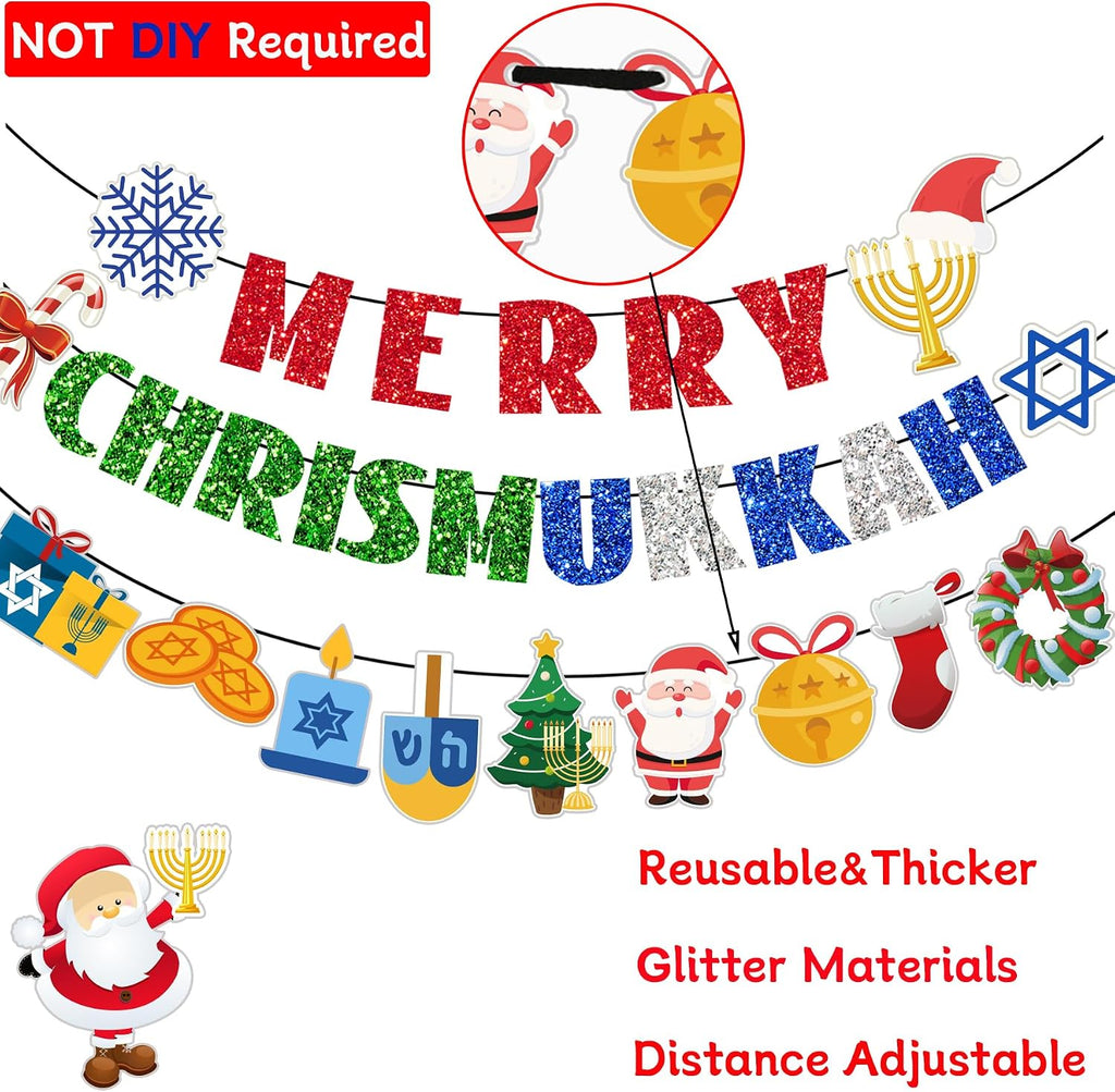 Merry Chrismukkah Banner Christmas and Hanukkah Decor Pre-Strung Hanukkah Chrismukkah Decorations Glitter Mixed - Set of 16