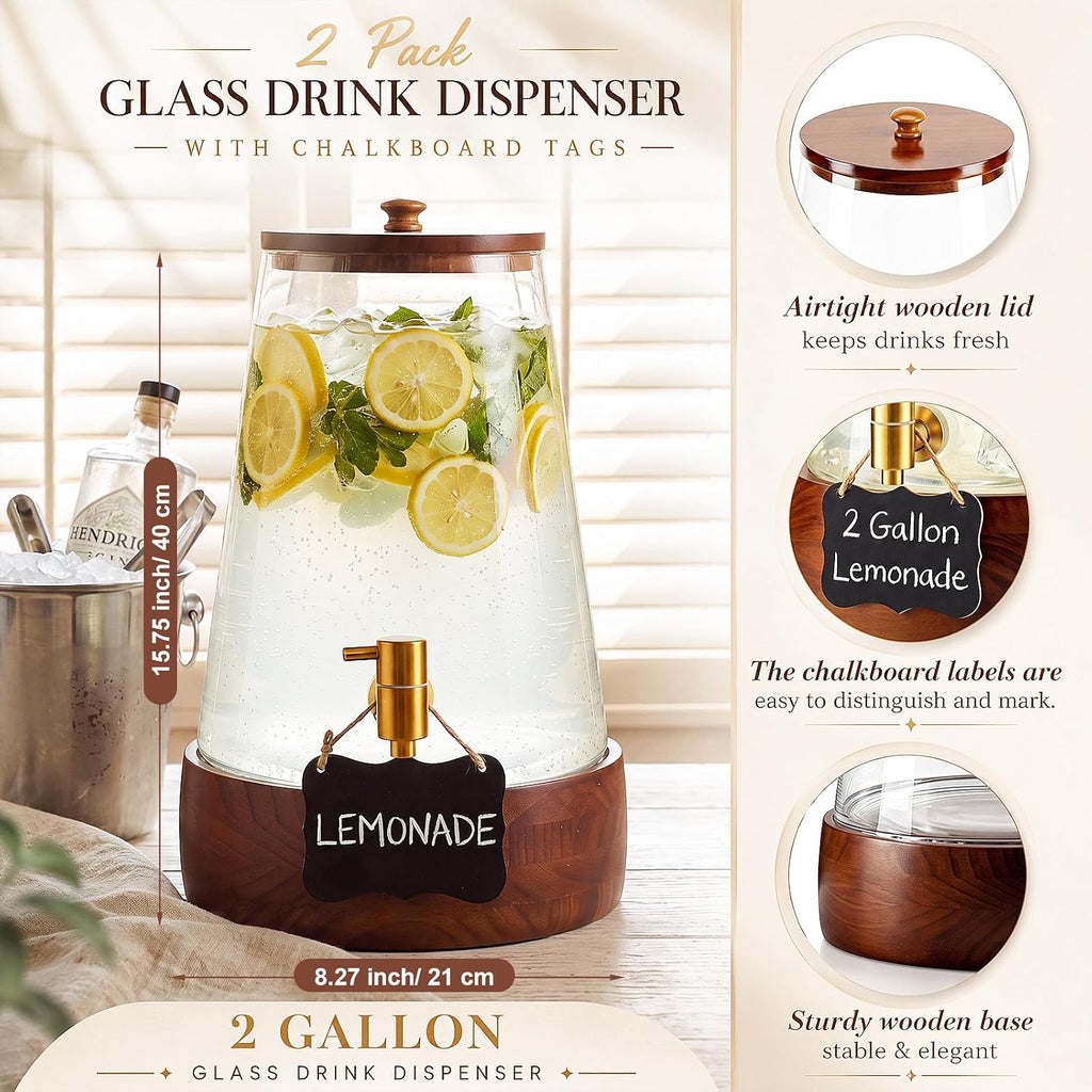 Sets 2 Gallon Glass Drink Dispenser for Parties Large Beverage Dispenser with Wooden Base Stand & Stainless Steel - Set of 2